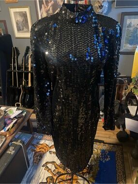 Vintage Black Sequin Long Sleeve Cocktail Dress